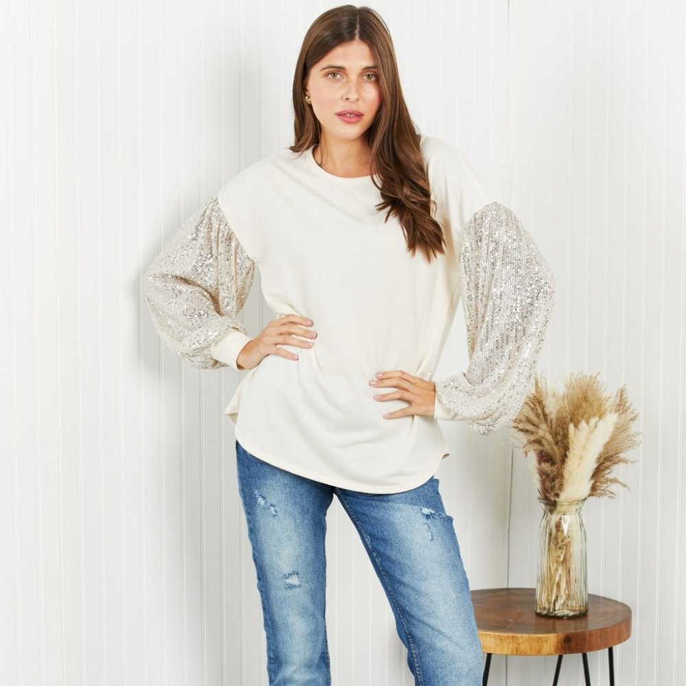 HOPELY Full Size Sequin Puff Sleeve Curved Hem Top in Cream/Taupe